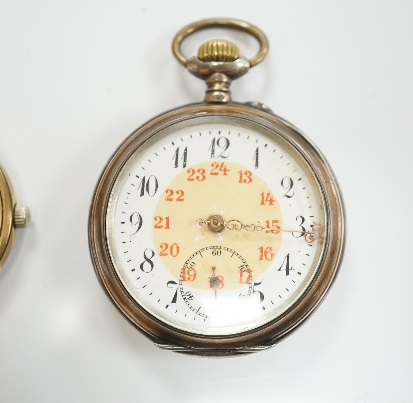 A gentleman's steel and gold plated Omega manual wind wrist watch, no strap, case diameter 35mm, together with a lady's silver wrist watch and a pocket watch. Condition - varies